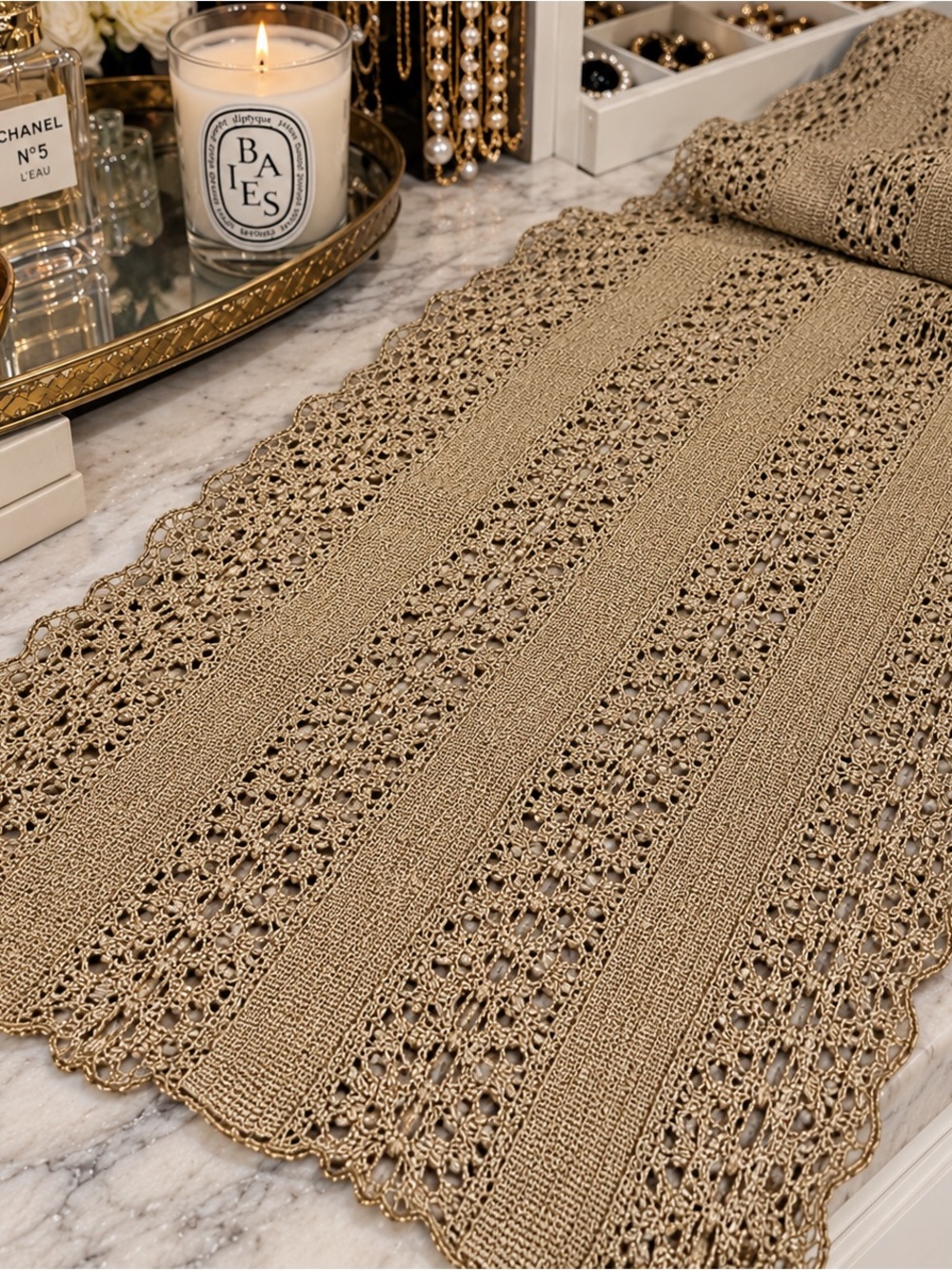 Vintage Gold Metallic Crochet Lace Scarf Sash Scalloped Boho